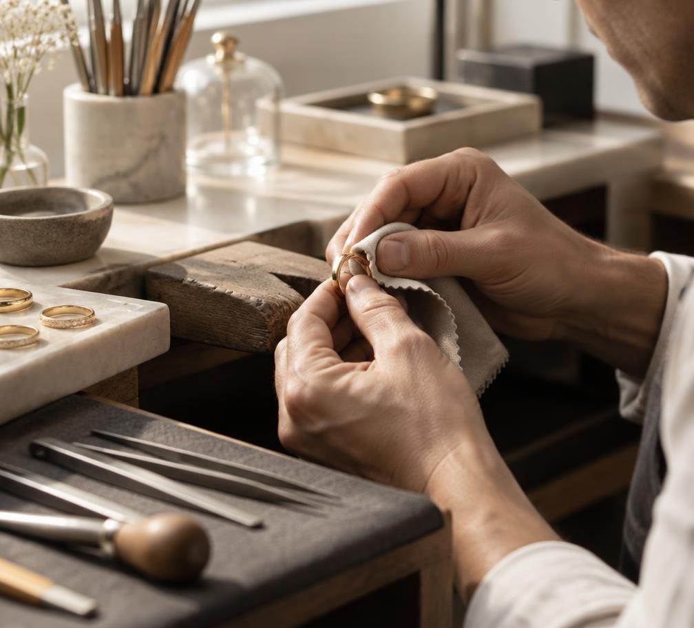 Goldsmith polishing a gold ring by hand