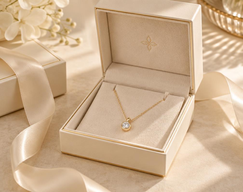 Gold necklace presented in a gift box
